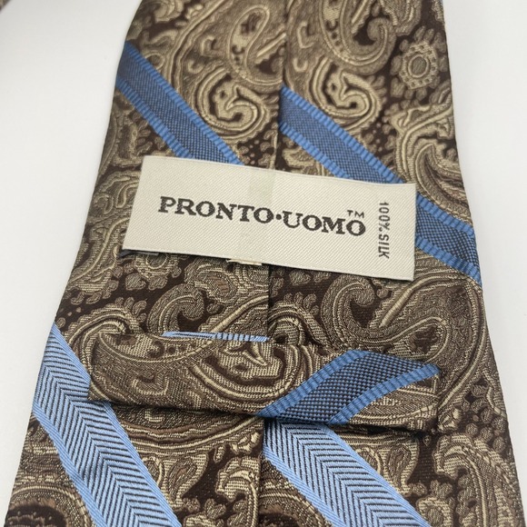 Pronto Uomo Paisley Silk Mens Tie Brown Blue Diagonal Stripe Formal - Picture 2 of 5